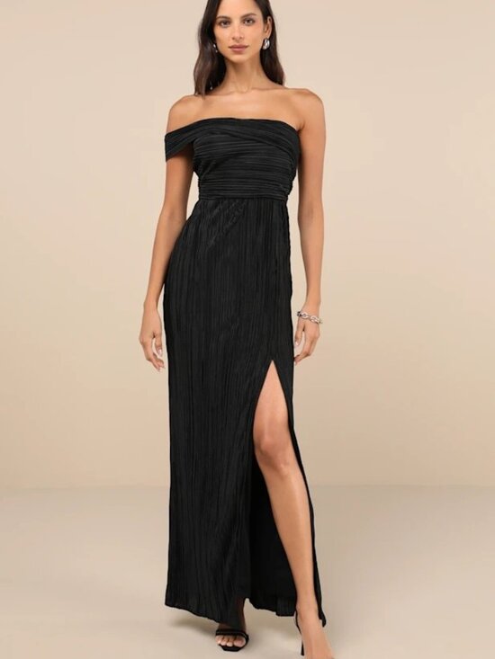 Lulus Dresses & Skirts - Lulus Women's Large Black One Shoulder Plisse Bubble Hem Maxi Dress Formal Guest